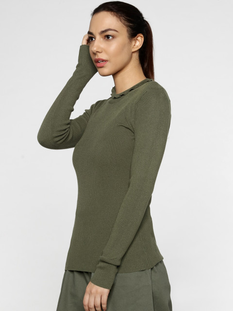 

ONLY Women Olive Green Self-Striped Lightweight Sweater