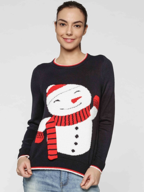 

ONLY Women Navy Blue & White Self Design Pullover