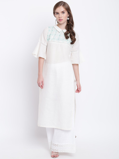 

Shakumbhari Women White Embroidered Straight Kurta