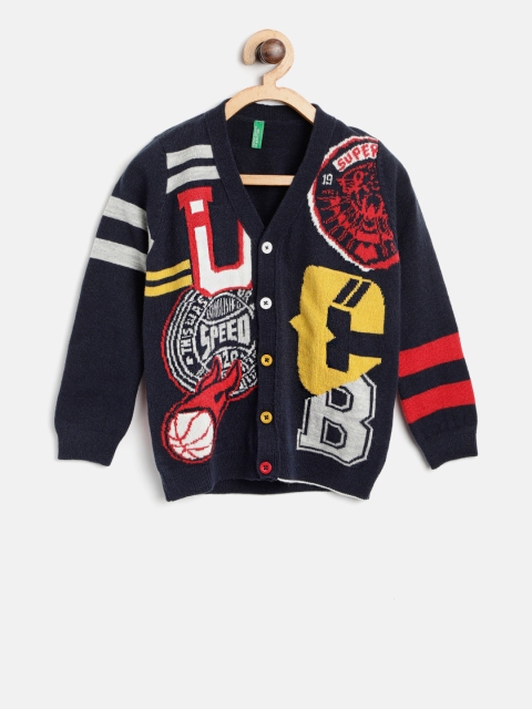 

United Colors of Benetton Boys Navy Blue & Red Self Design Cardigan
