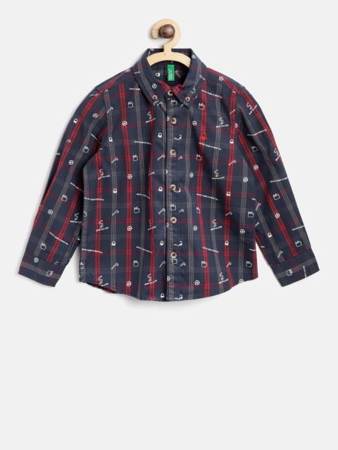 

United Colors of Benetton Boys Navy Blue & Red Regular Fit Checked Casual Shirt