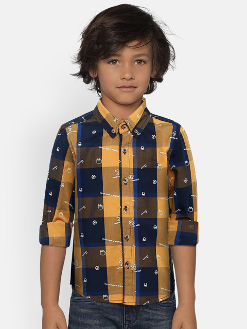 

United Colors of Benetton Boys Mustard Yellow & Navy Blue Regular Fit Checked Casual Shirt