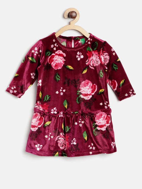 

United Colors of Benetton Girls Maroon Floral Print Drop-Waist Dress