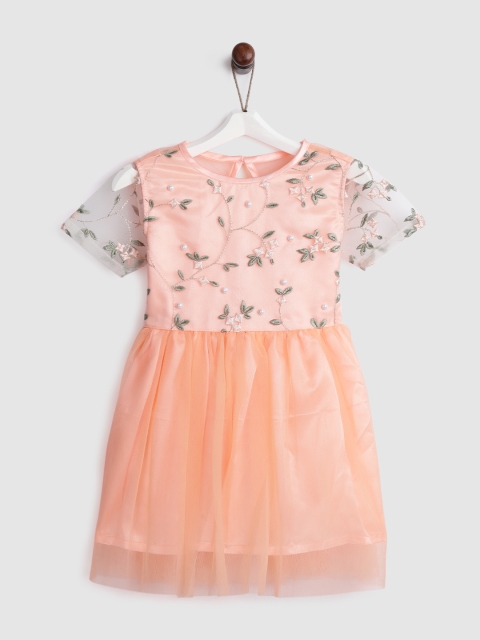 

YK Girls Peach-Coloured Embroidered Fit & Flare Dress