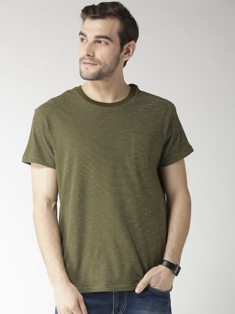 

Aeropostale Men Olive Green Self-Striped Round Neck T-shirt