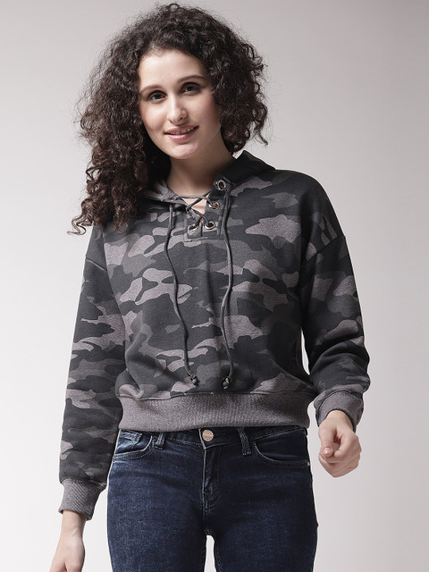 

Madame Women Grey Printed Hooded Sweatshirt