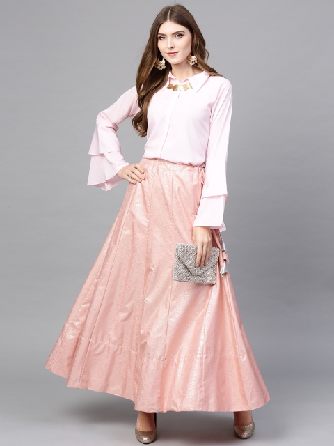 

Ahalyaa Women Pink Solid Tunic with Skirt
