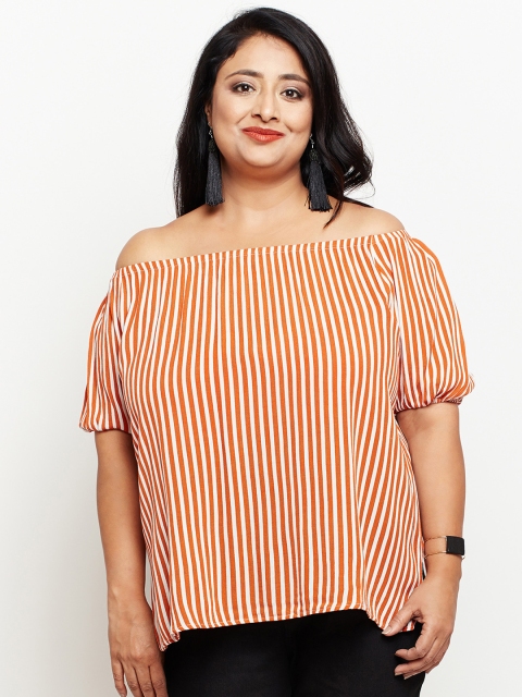 

NuBella Plus Size Women Rust Orange White Candy Stripe Bardot Top