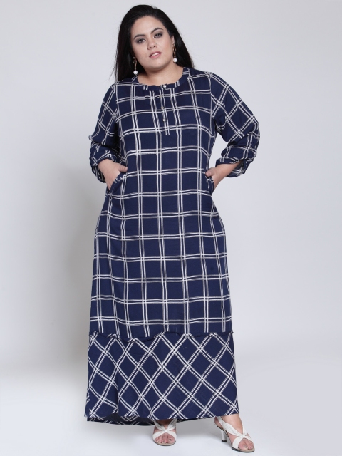 

plusS Women Navy Blue Checked A-Line Kurta