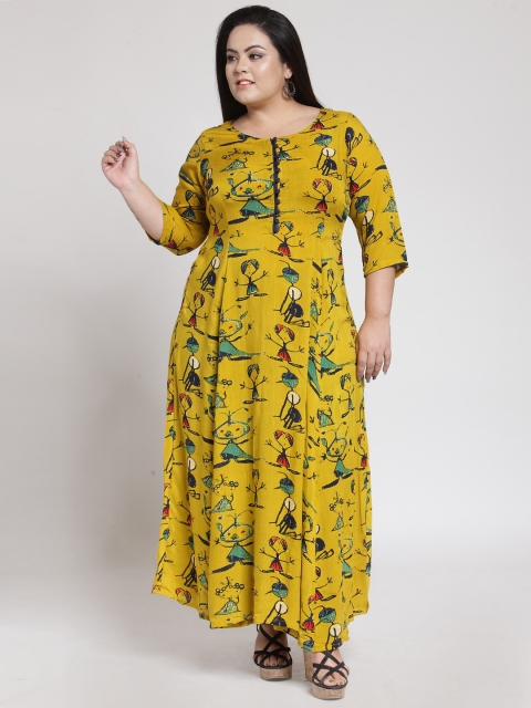 

plusS Women Yellow & Green Quirky Printed Anarkali Kurta