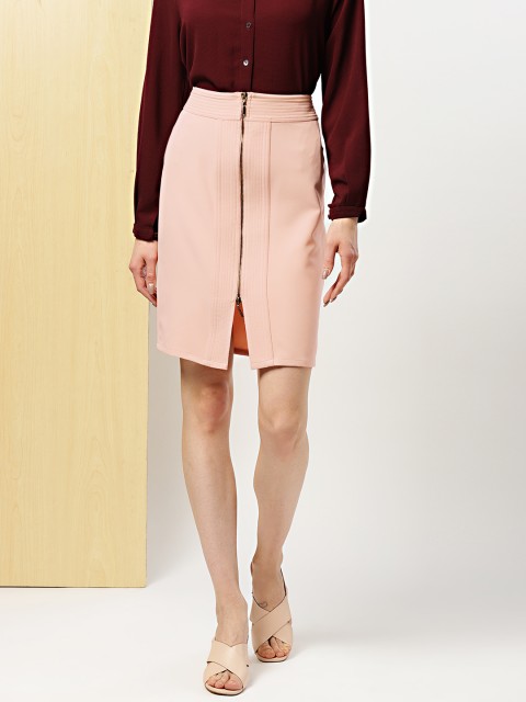 

her by invictus Women Peach-Coloured Solid Pencil Skirt