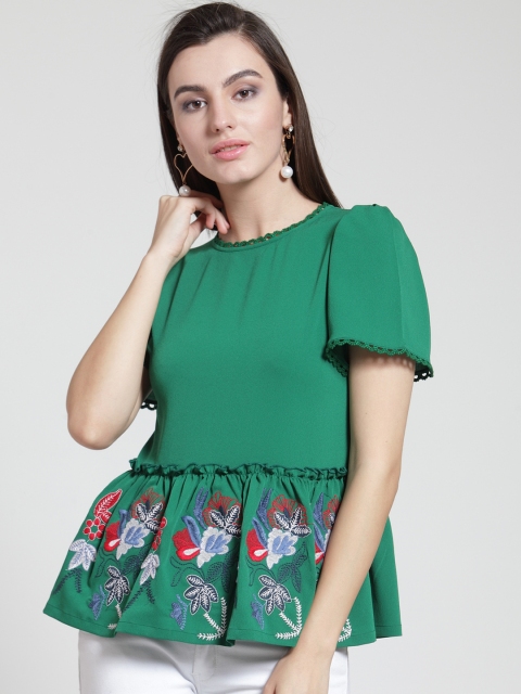 

plusS Women Green Printed Peplum Top