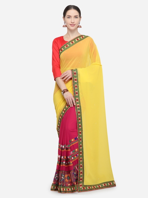 

Pisara Mustard & Pink Poly Georgette Solid Saree
