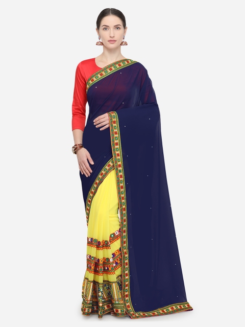 

Pisara Navy Blue & Mustard Poly Georgette Solid Saree