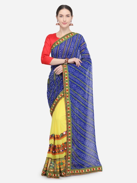 

Pisara Navy Blue & Mustard Poly Georgette Printed Bandhani Saree