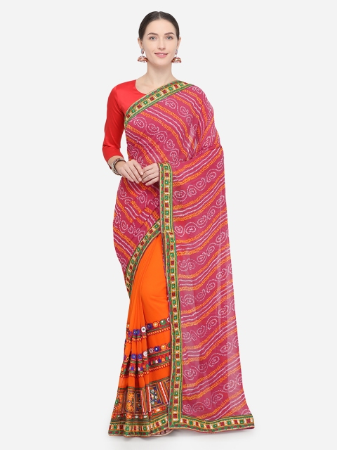 

Pisara Pink & Orange Poly Georgette Printed Bandhani Saree