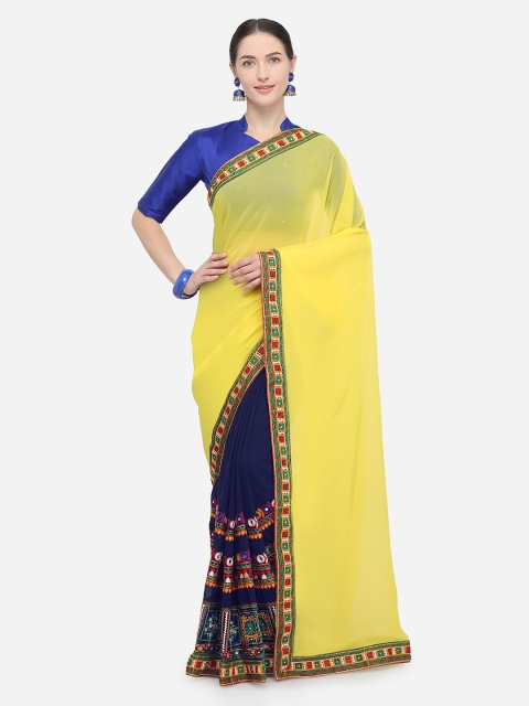 

Pisara Mustard Yellow & Navy Blue Poly Georgette Embroidered Saree