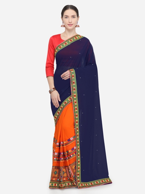 

Pisara Navy Blue & Orange Poly Georgette Solid Saree