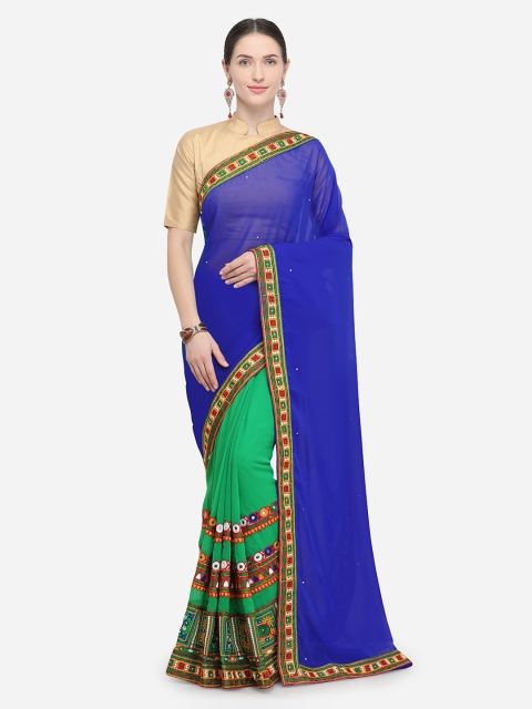 

Pisara Blue & Sea Green Poly Georgette Solid Saree