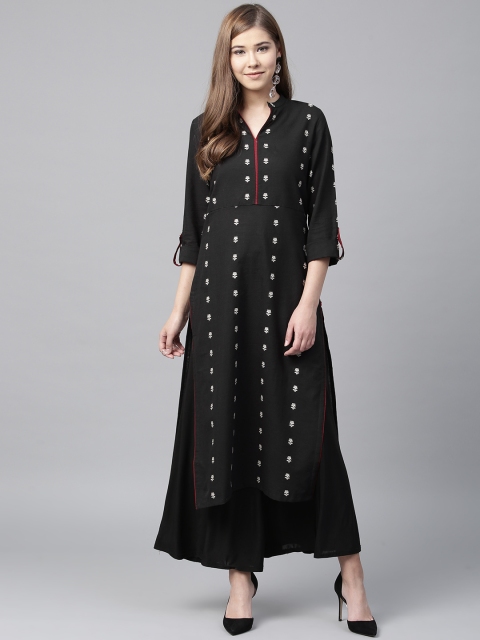 

W Women Black & White Embroidered Straight Kurta