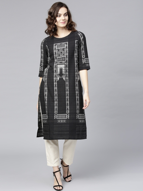 

W Women Black & Off-White Woven Design Straight Kurta