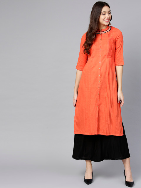 

W Women Orange Solid Straight Kurta