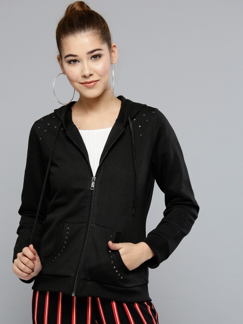 

RARE Women Black Solid Hooded Sweatshirt