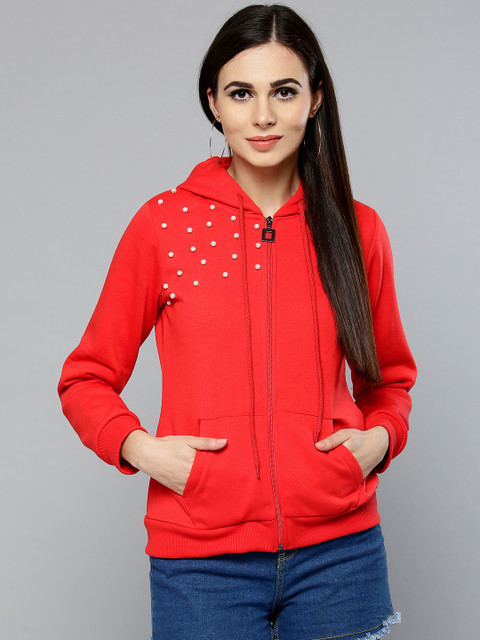 

RARE Women Red Solid Hooded Sweatshirt