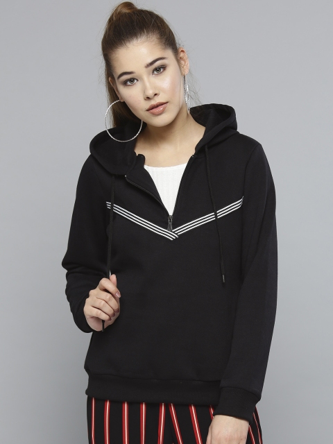 

RARE Women Black Solid Hooded Sweatshirt