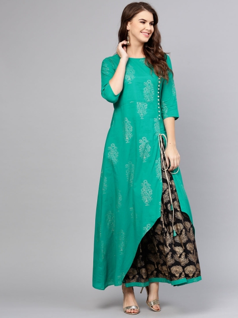 

aasi Women Green & Black Printed Kurta with Skirt
