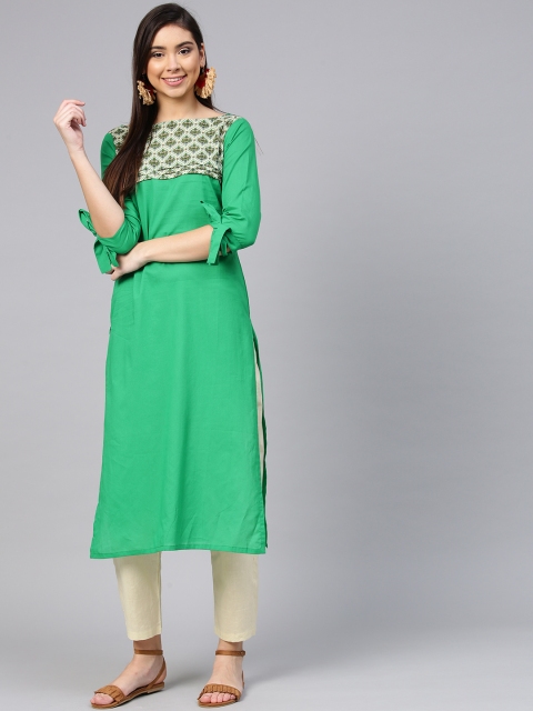 

aasi Women Green & Off-White Solid Kurta with Trousers