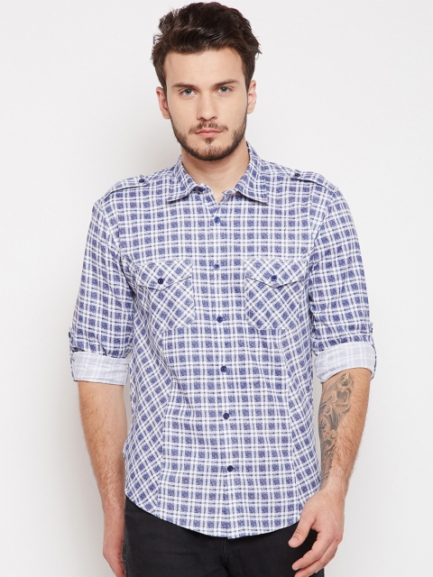 

Oxolloxo Men Off-White & Blue Regular Fit Checked Casual Shirt