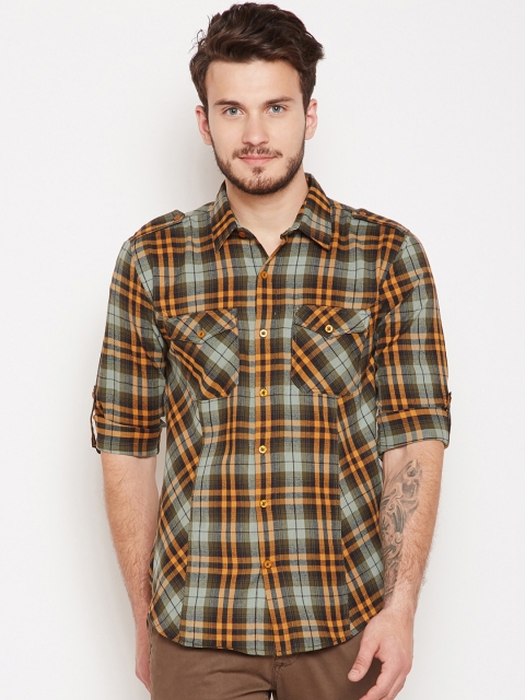 

Oxolloxo Men Grey & Mustard Yellow Regular Fit Checked Casual Shirt