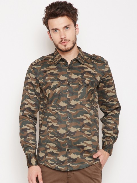 

Oxolloxo Men Olive Green & Brown Regular Fit Printed Casual Shirt