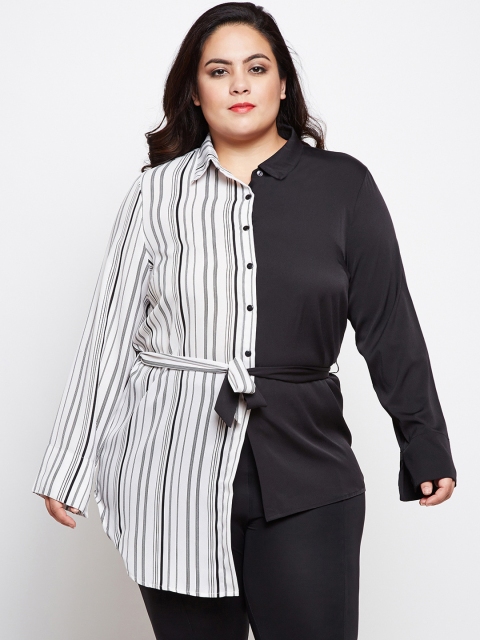 

Oxolloxo Women Black & White Regular Fit Striped Casual Shirt