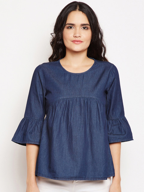 

Oxolloxo Women Navy Blue Solid Empire Pure Cotton Top