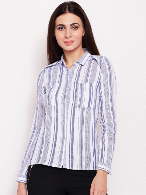 

Oxolloxo Women White & Blue Regular Fit Striped Casual Shirt