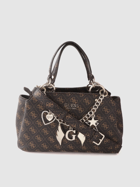 

GUESS Coffee Brown & Beige Brand Logo Print Handheld Bag with Detachable Sling Strap