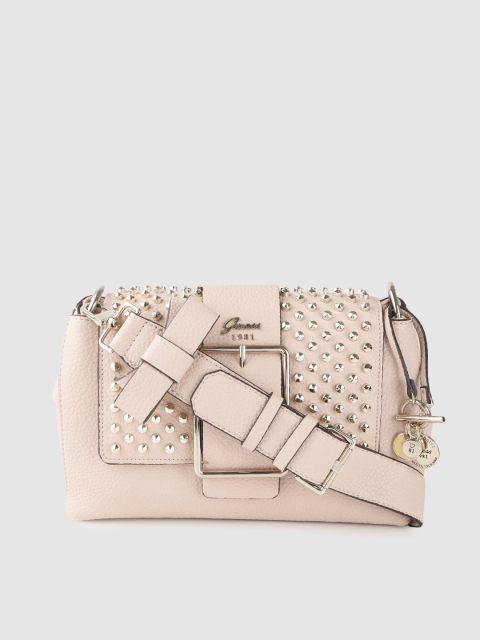 

GUESS Beige & Gold-Toned Rivet Studded Sling Bag with Detachable Sling Strap