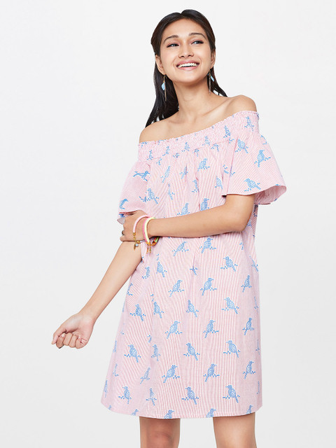 

Global Desi Women Red & White Bird Print A-Line Dress