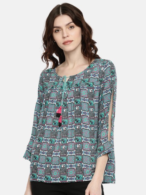 

Global Desi Women Blue Printed Top
