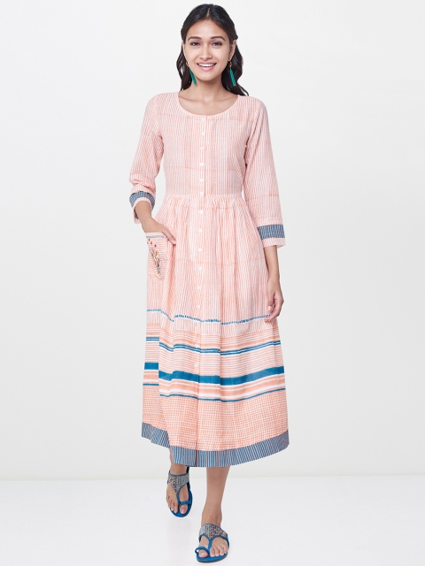 

Global Desi Women Peach-Coloured Striped A-Line Dress