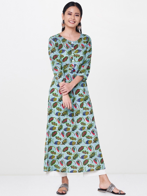 

Global Desi Women Blue Floral Printed A-Line Kurta