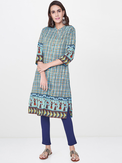 

Global Desi Women Blue Printed Straight Kurta