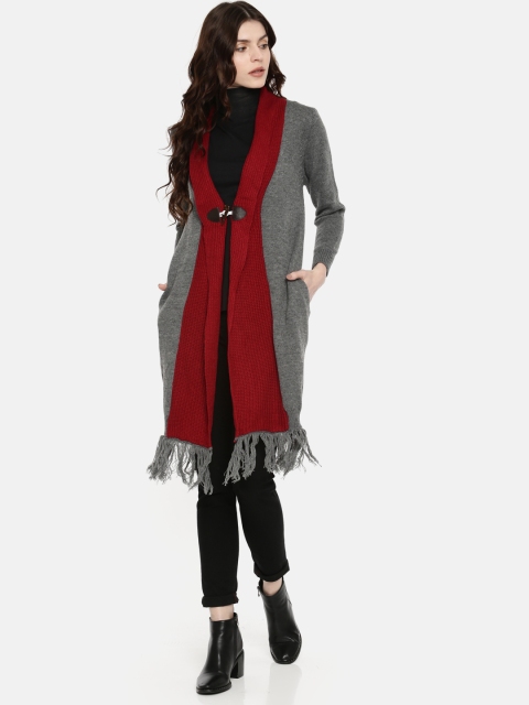 

Global Desi Grey & Red Colourblocked Button Shrug