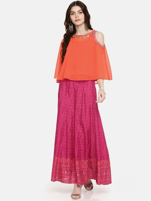

Global Desi Women Pink & Orange Embellished Top with Skirt