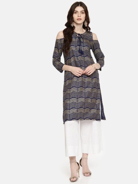 

Global Desi Women Navy & Gold-Toned Printed Straight Kurta, Navy blue