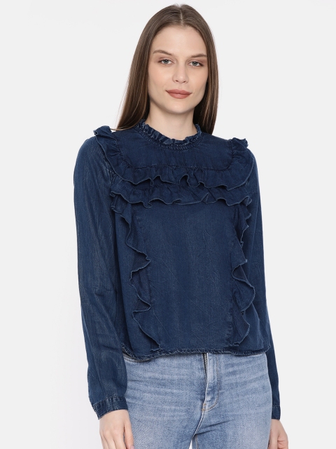 

ONLY Women Blue Solid Chambray Top With Ruffled Detail