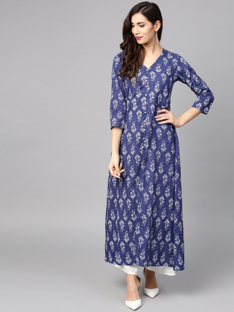 

Nayo Women Blue & Off-White Printed A-Line Kurta