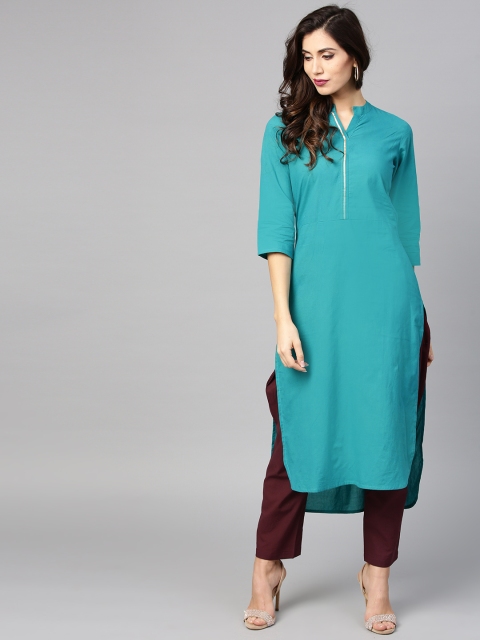 Nayo Women Teal Green Solid Straight Kurta